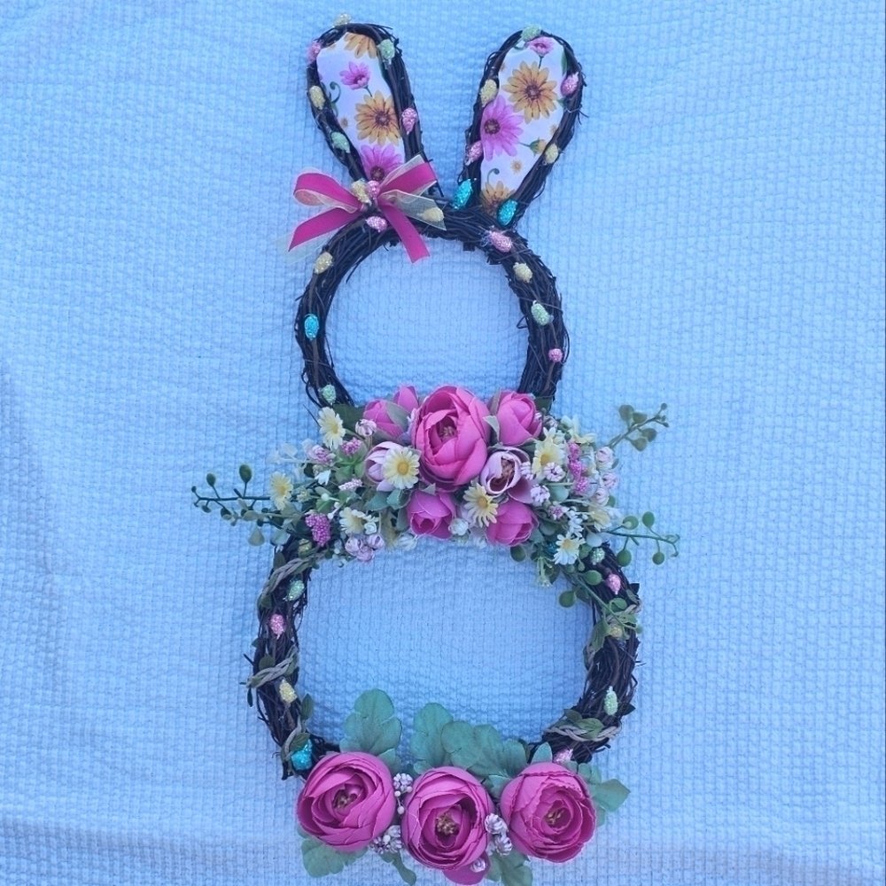 Handmade floral bunny Spring/Easter Wreath with Different shades of pink florals